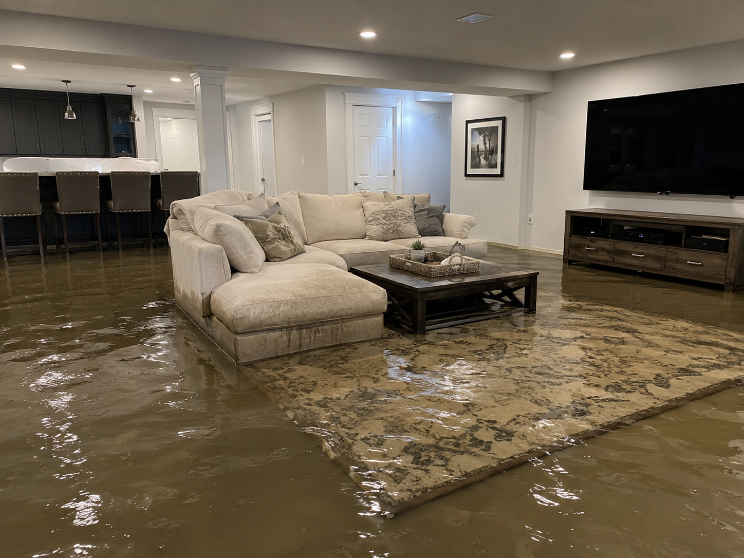 Finished basement flood cleanup after water damage